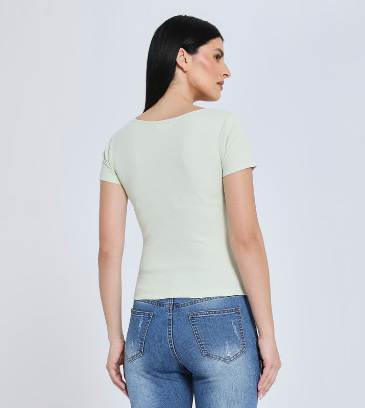 Hailys Women's Short Sleeve Button-Front Ribbed Top - Light Green Casual T-Shirt