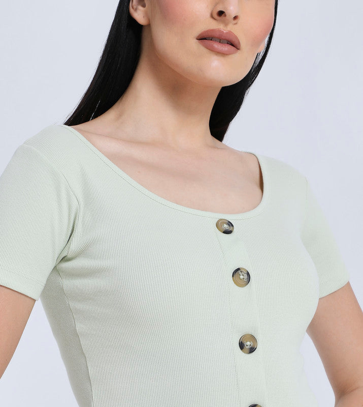 Hailys Women's Short Sleeve Button-Front Ribbed Top - Light Green Casual T-Shirt