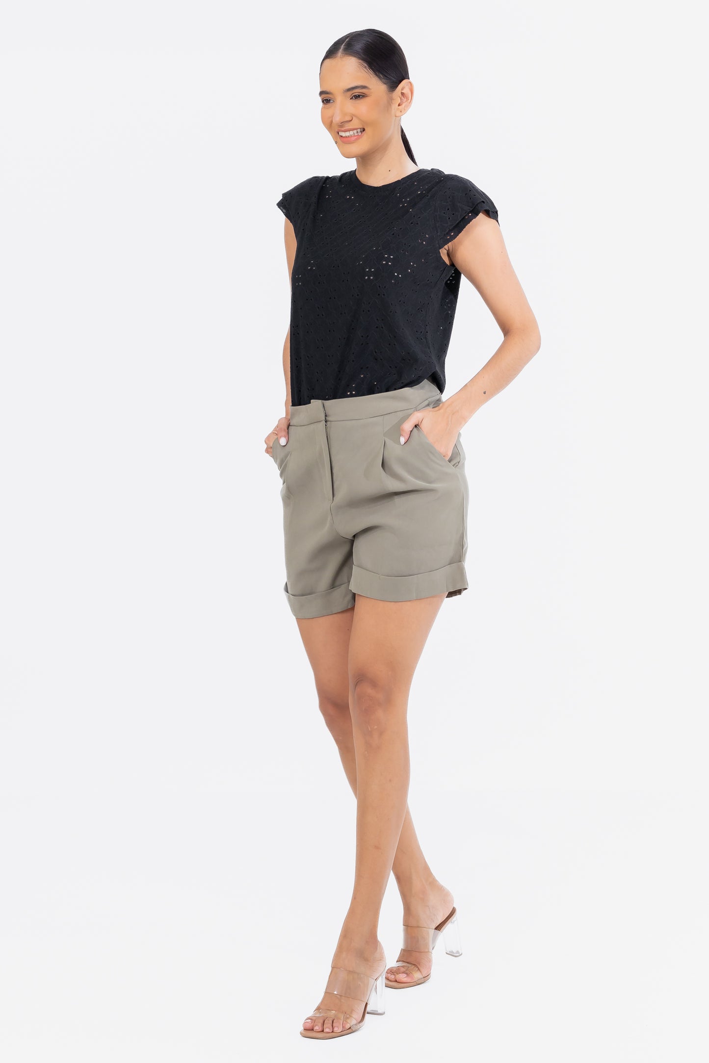 Zabaione Women’s Olive Green High-Waisted Tailored Shorts - Elegant Rolled Hem Summer Shorts