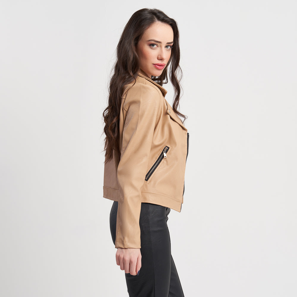 Hailys Women's Tan Faux Leather Moto Jacket with Asymmetrical Zipper