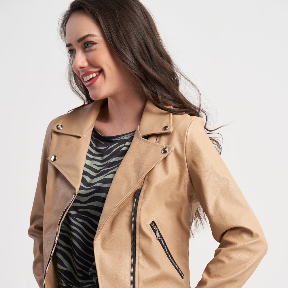 Hailys Women's Tan Faux Leather Moto Jacket with Asymmetrical Zipper