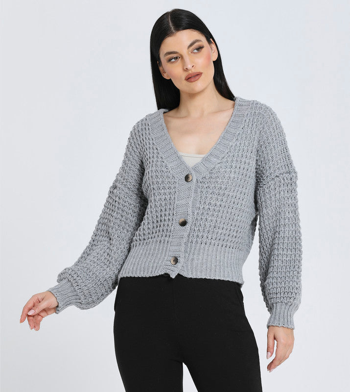 Hailys Women's Grey Chunky Knit Button-Front Cardigan Sweater