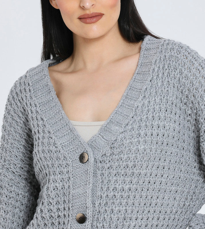 Hailys Women's Grey Chunky Knit Button-Front Cardigan Sweater