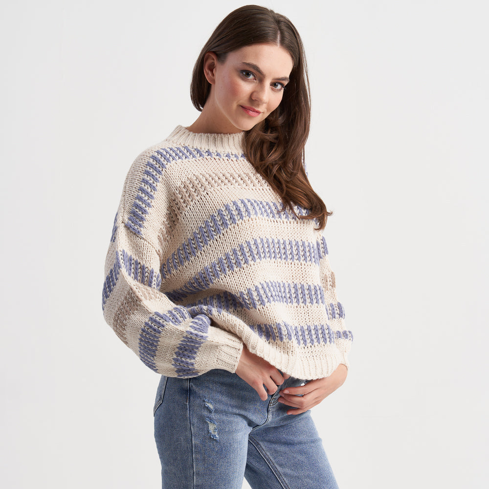 Hailys Women's Striped Knit Sweater - Cozy Long Sleeve Pullover