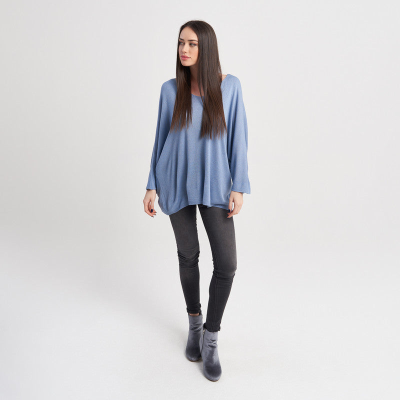 Z-One Women's Loose-Fit Long Sleeve V-Neck Sweater - Casual Light Blue Knit Top