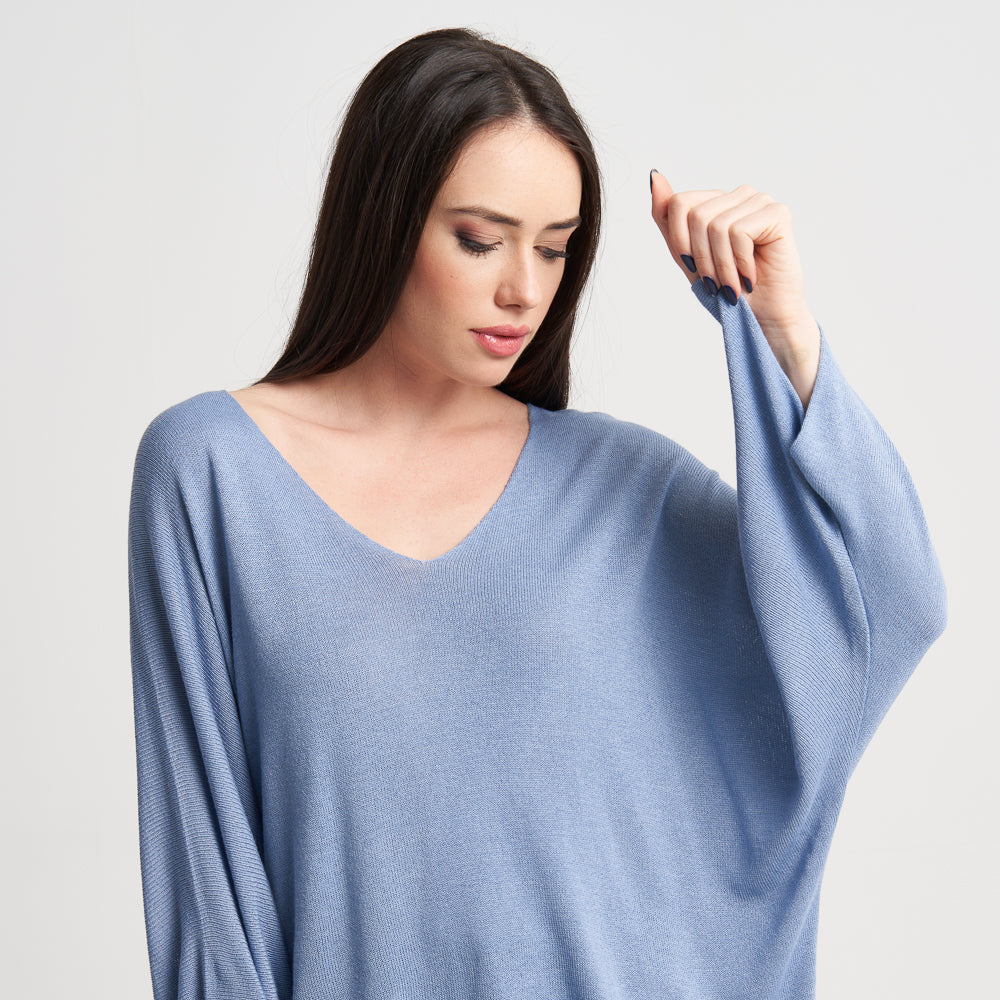 Z-One Women's Loose-Fit Long Sleeve V-Neck Sweater - Casual Light Blue Knit Top