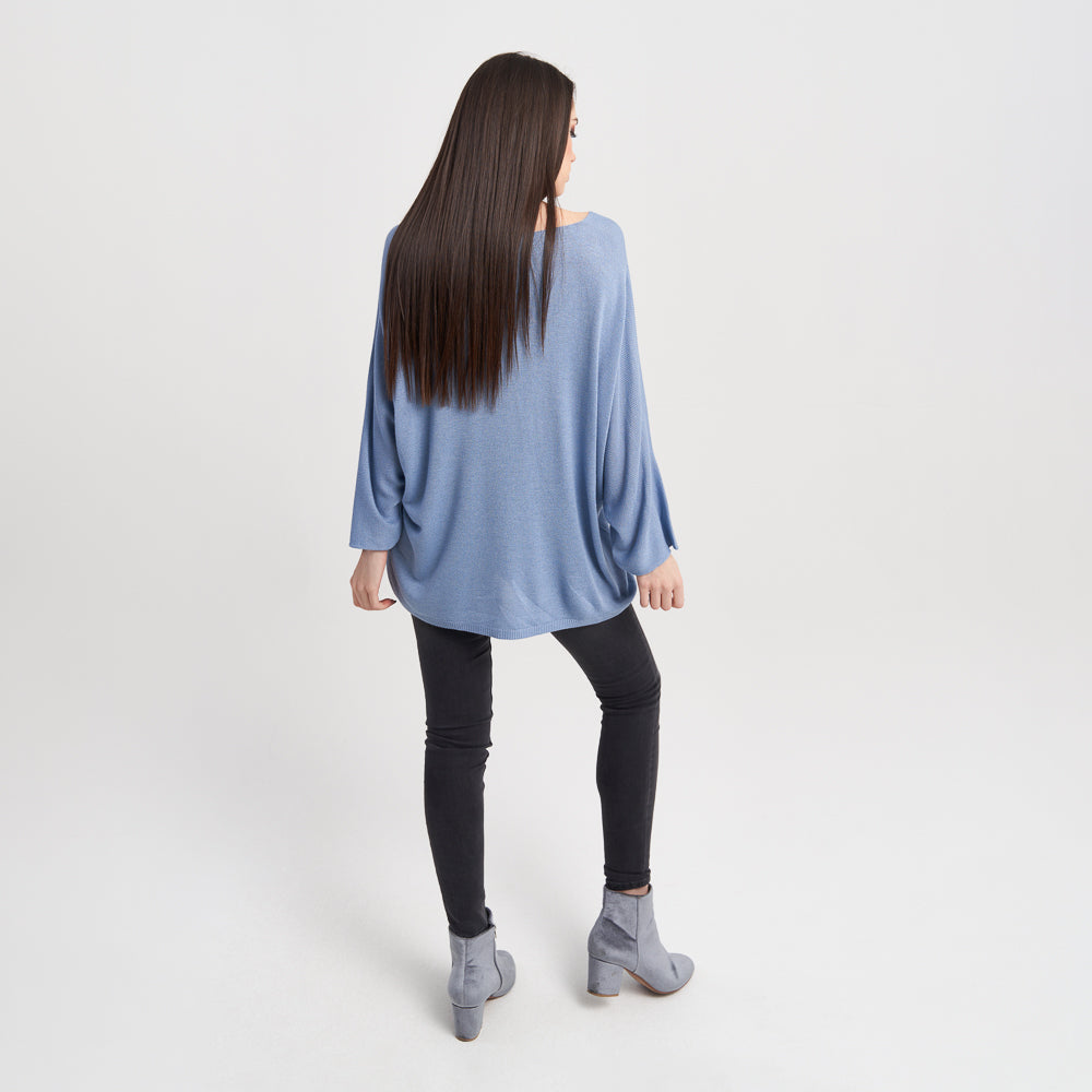 Z-One Women's Loose-Fit Long Sleeve V-Neck Sweater - Casual Light Blue Knit Top