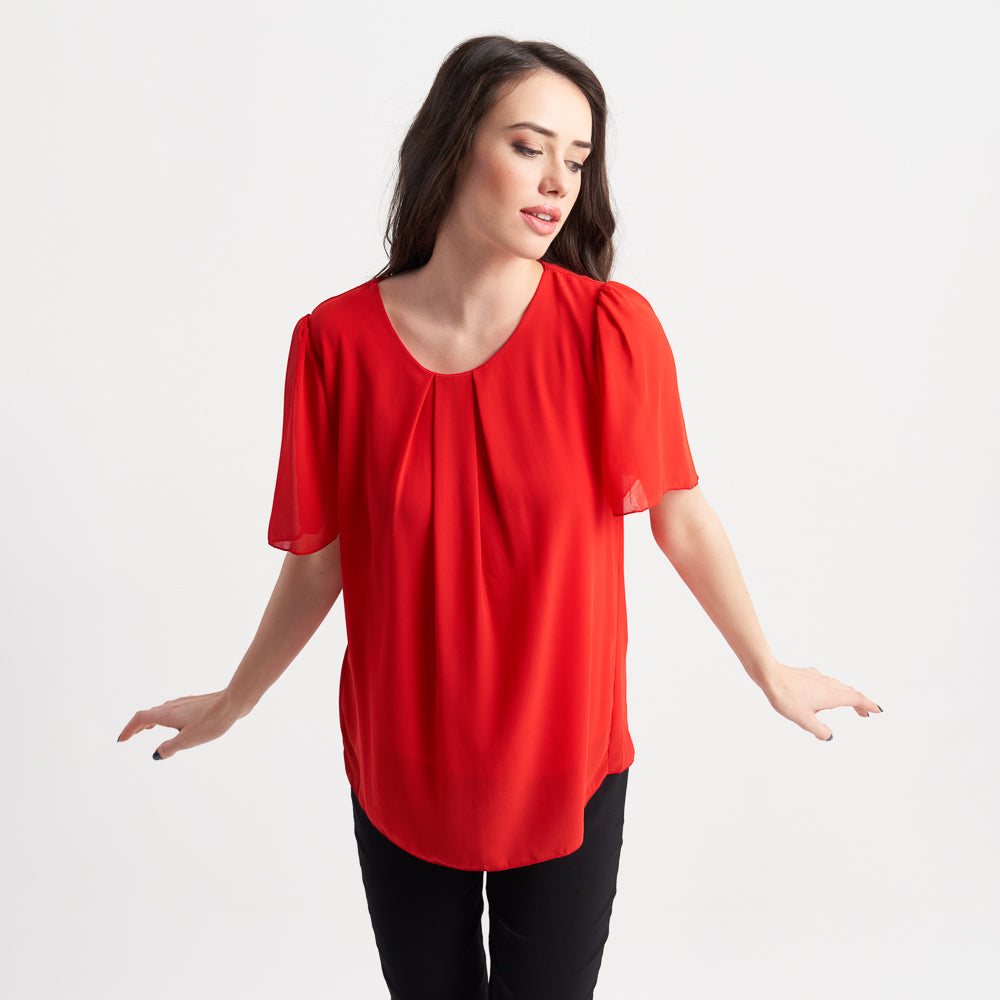 Zabaione Women's Short Sleeve Pleated Chiffon Blouse - Elegant Loose Fit Top for Work or Casual Wear