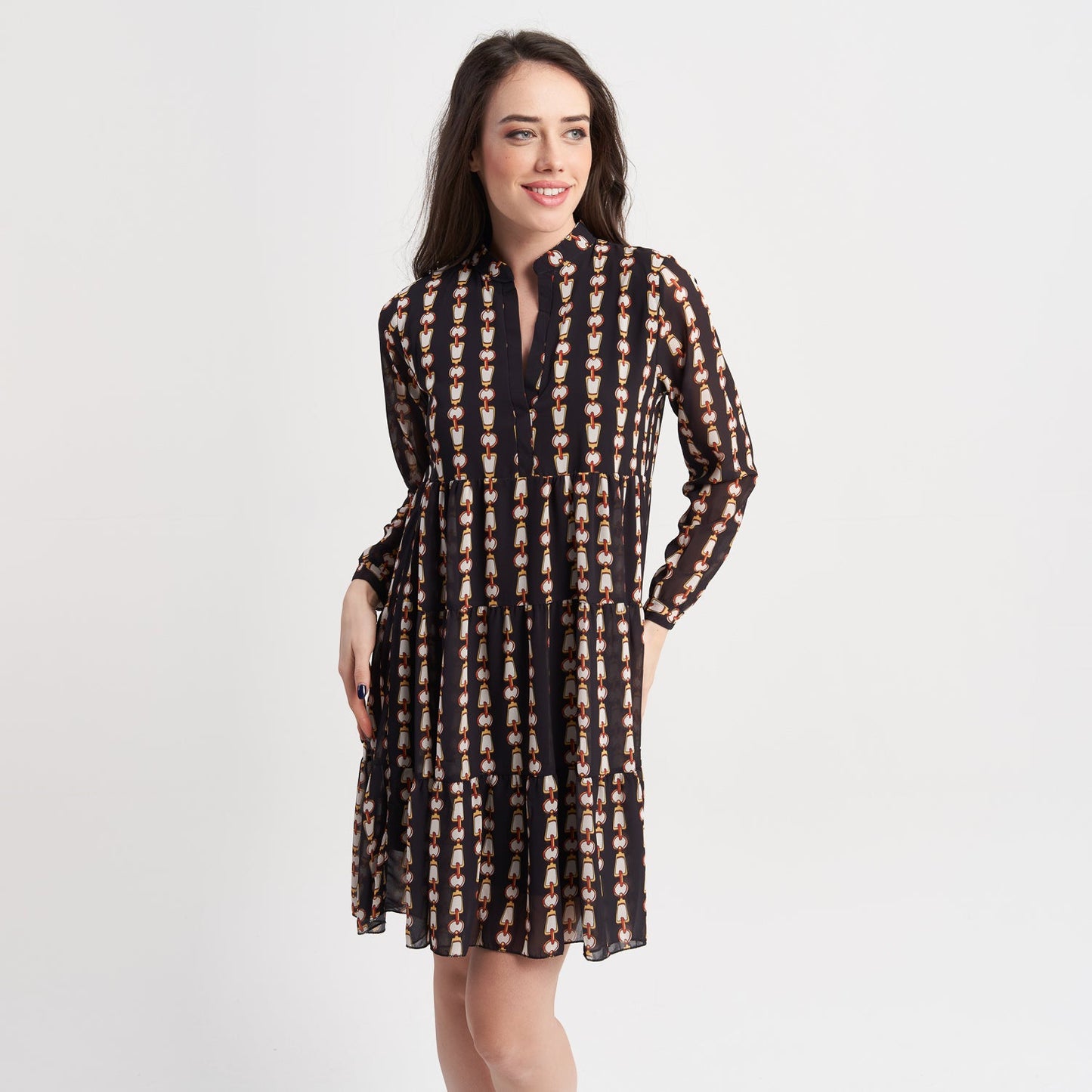 Zabaione Women's Long Sleeve Printed Tiered Dress - Elegant Button-Down V-Neck Midi Dress