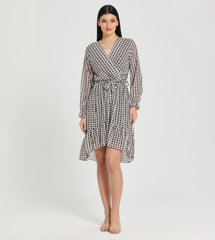 Zabaione Women's Long Sleeve Wrap Dress - Geometric Print V-Neck Midi Dress with Belt