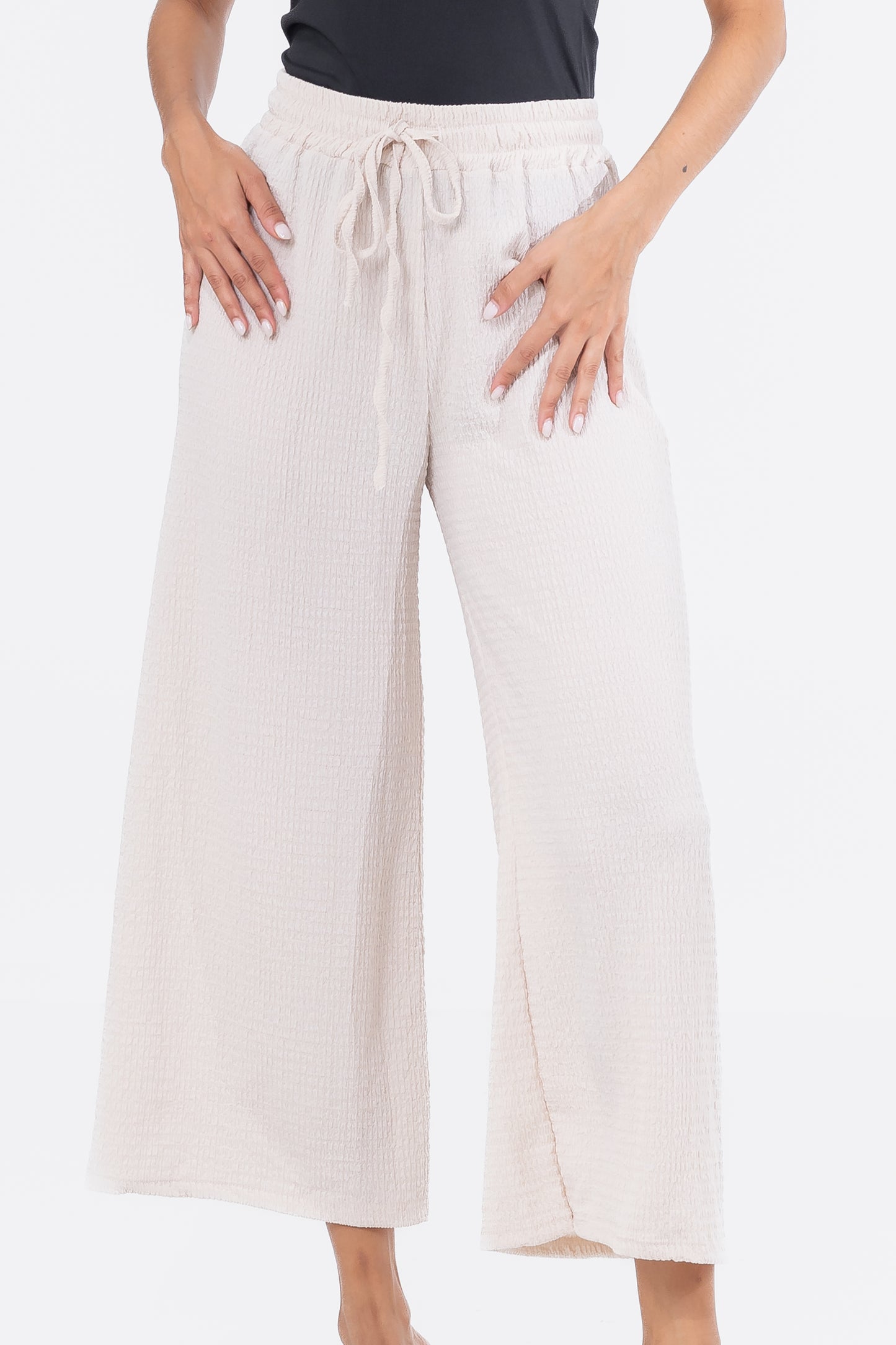 Zabaione Women’s High-Waisted Wide Leg Textured Drawstring Pants - Cream