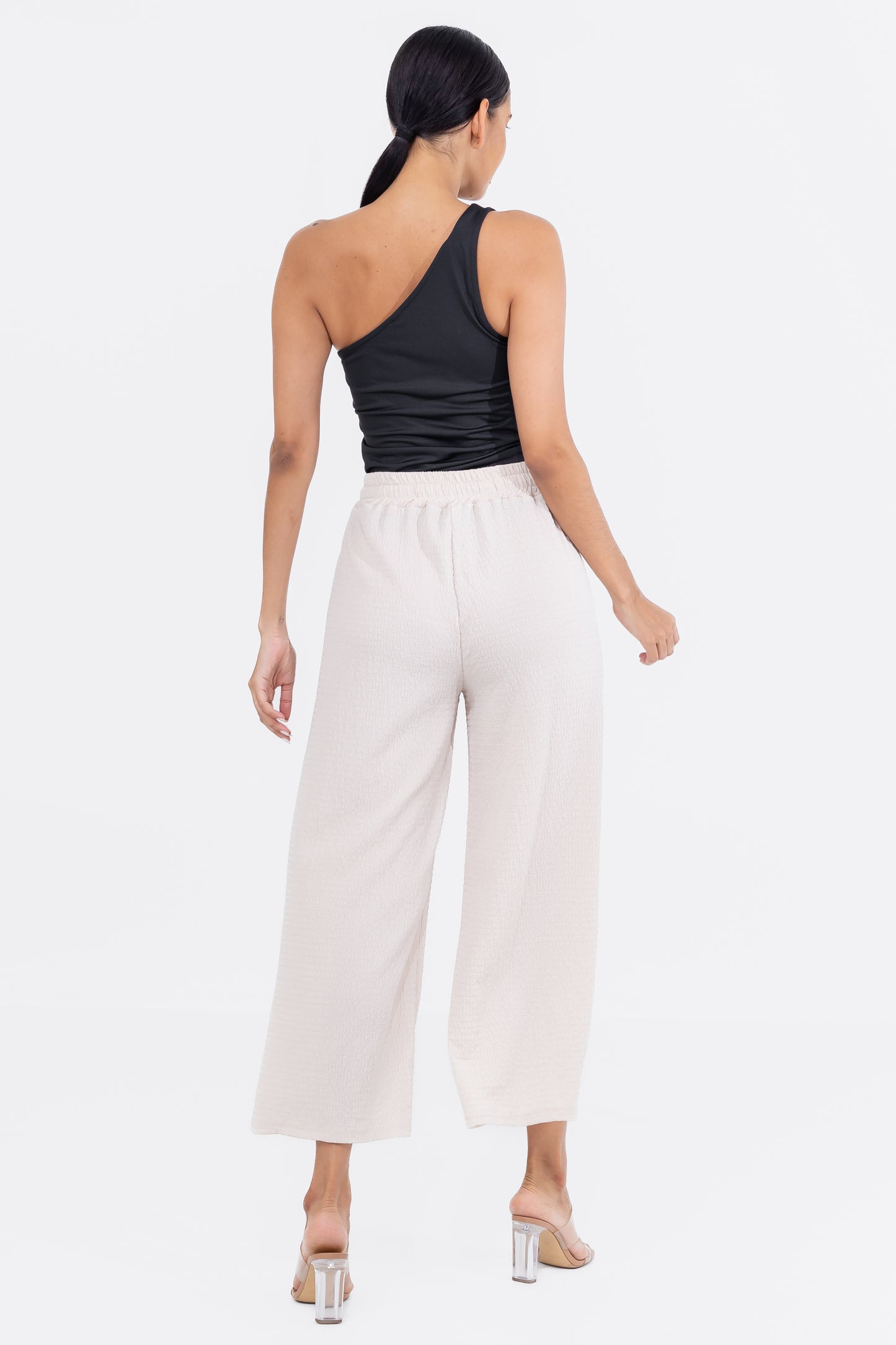 Zabaione Women’s High-Waisted Wide Leg Textured Drawstring Pants - Cream