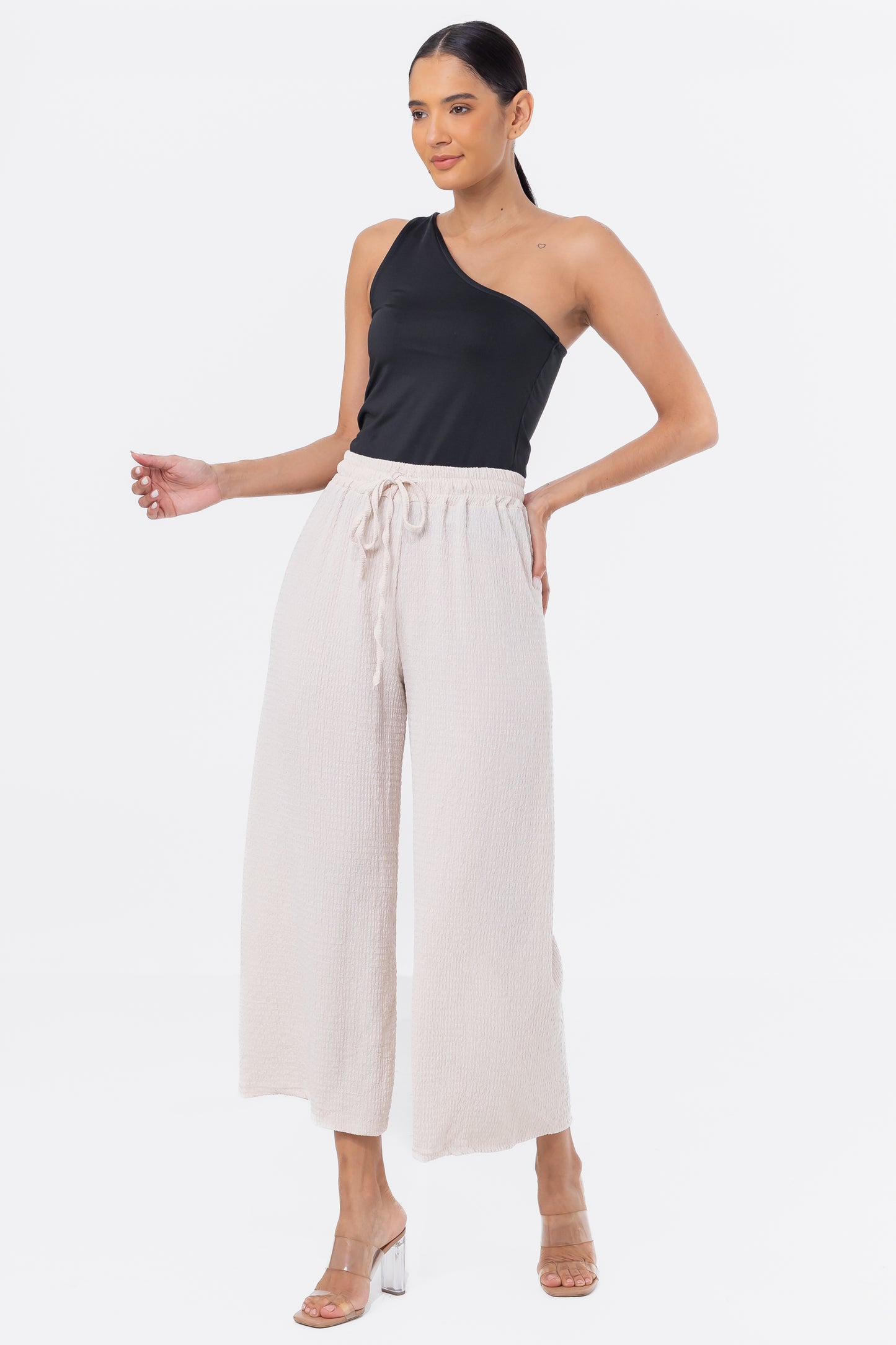 Zabaione Women’s High-Waisted Wide Leg Textured Drawstring Pants - Cream