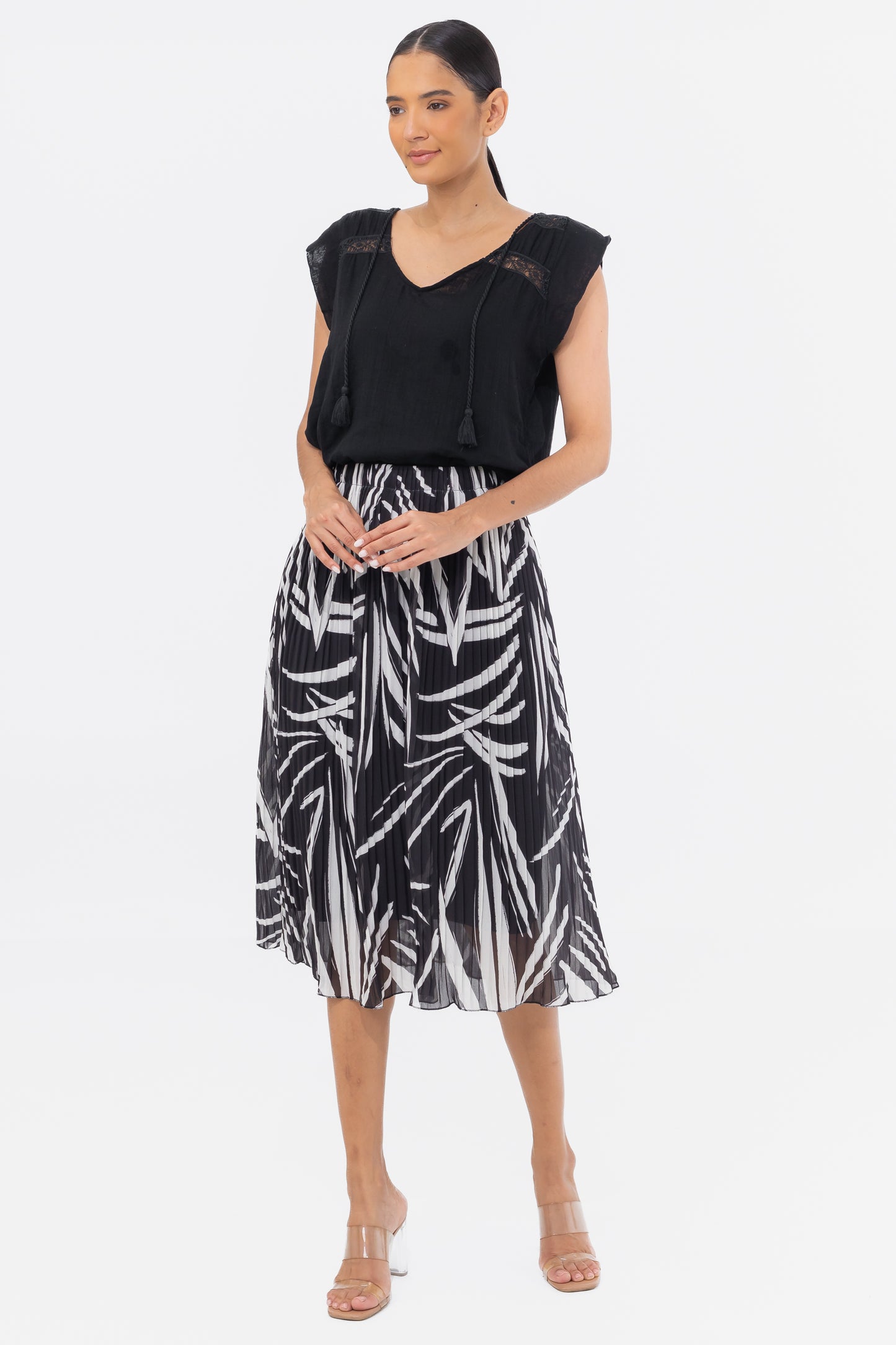 Zabaione Women’s Black and White Pleated Midi Skirt - High-Waisted Abstract Print Skirt