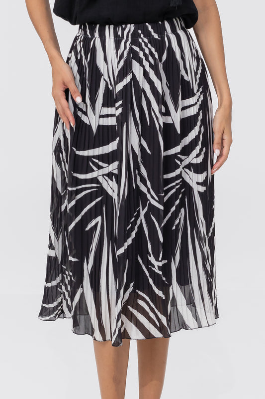 Zabaione Women’s Black and White Pleated Midi Skirt - High-Waisted Abstract Print Skirt