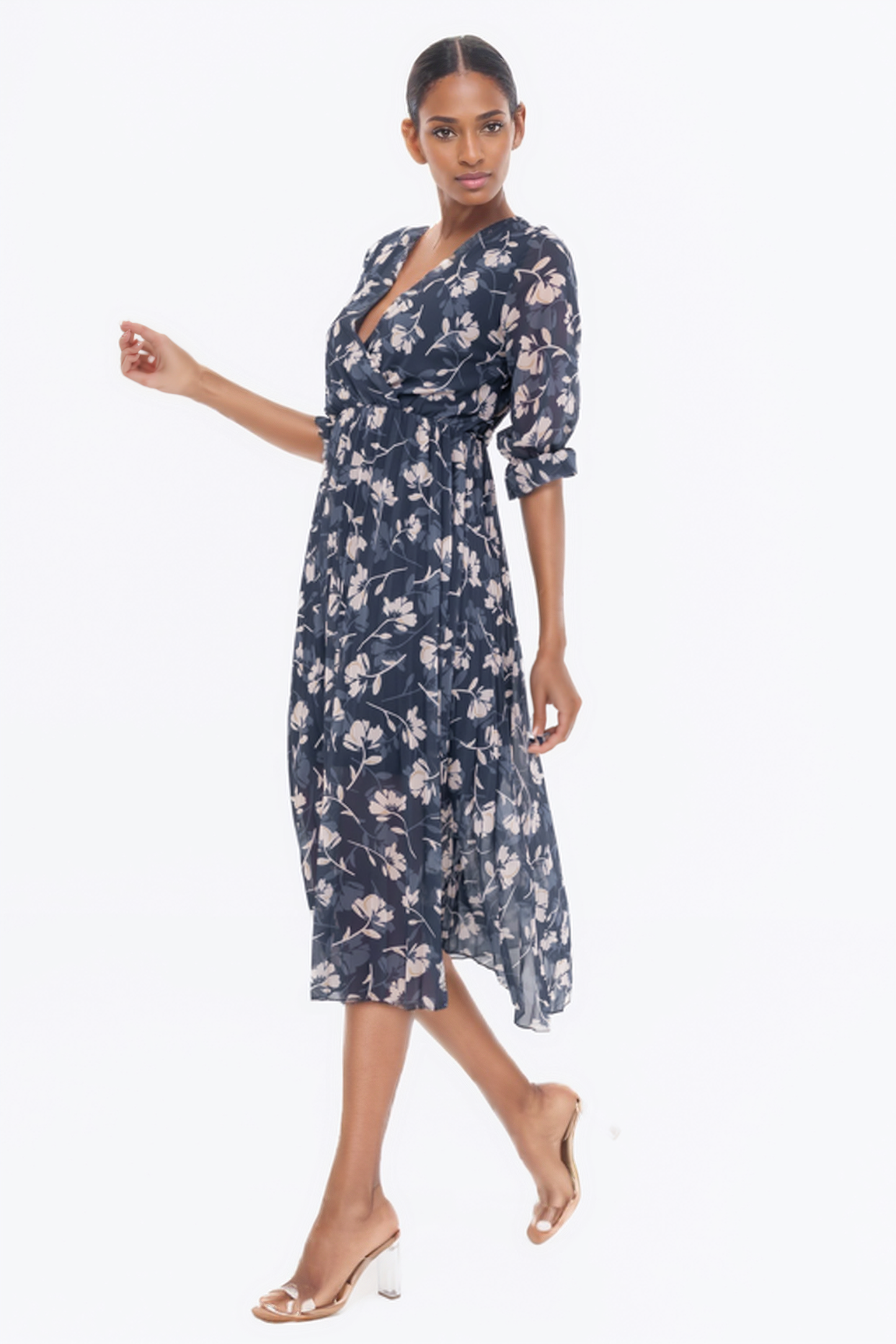 Zabaione Women’s Floral Print V-Neck Long Sleeve Midi Dress - Elegant A-Line Chiffon Dress