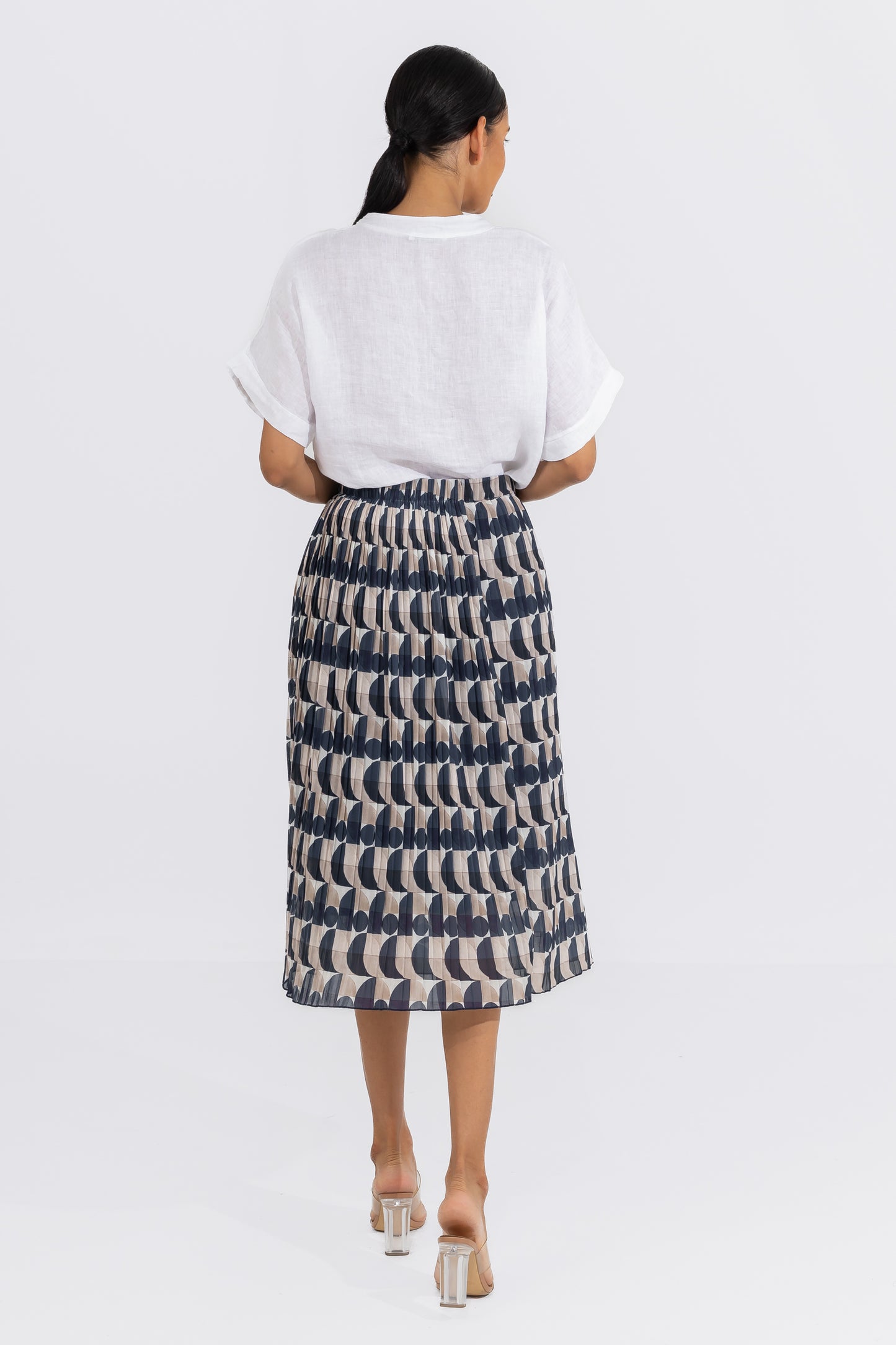 Zabaione Women’s Geometric Print Pleated Midi Skirt - High-Waisted A-Line Skirt