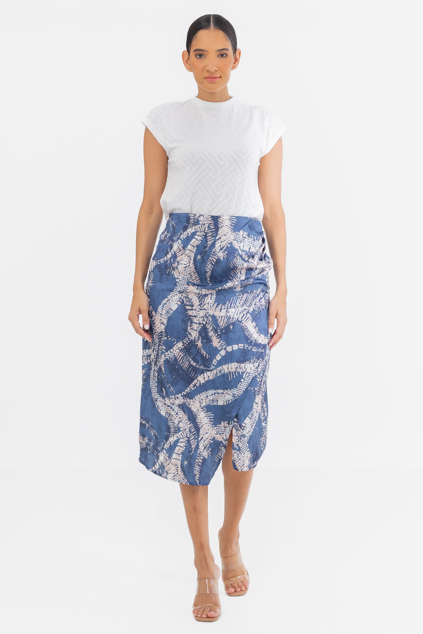 Zabaione Women’s Abstract Print High-Waisted Pencil Skirt with Side Slit - Blue and Beige Midi Skirt