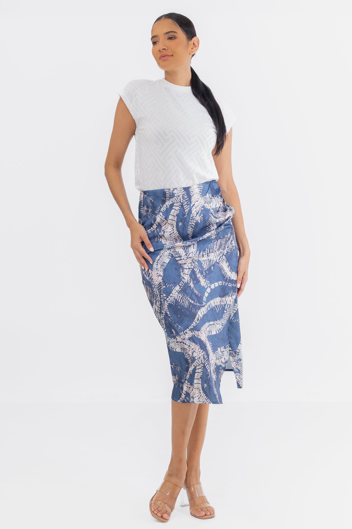 Zabaione Women’s Abstract Print High-Waisted Pencil Skirt with Side Slit - Blue and Beige Midi Skirt