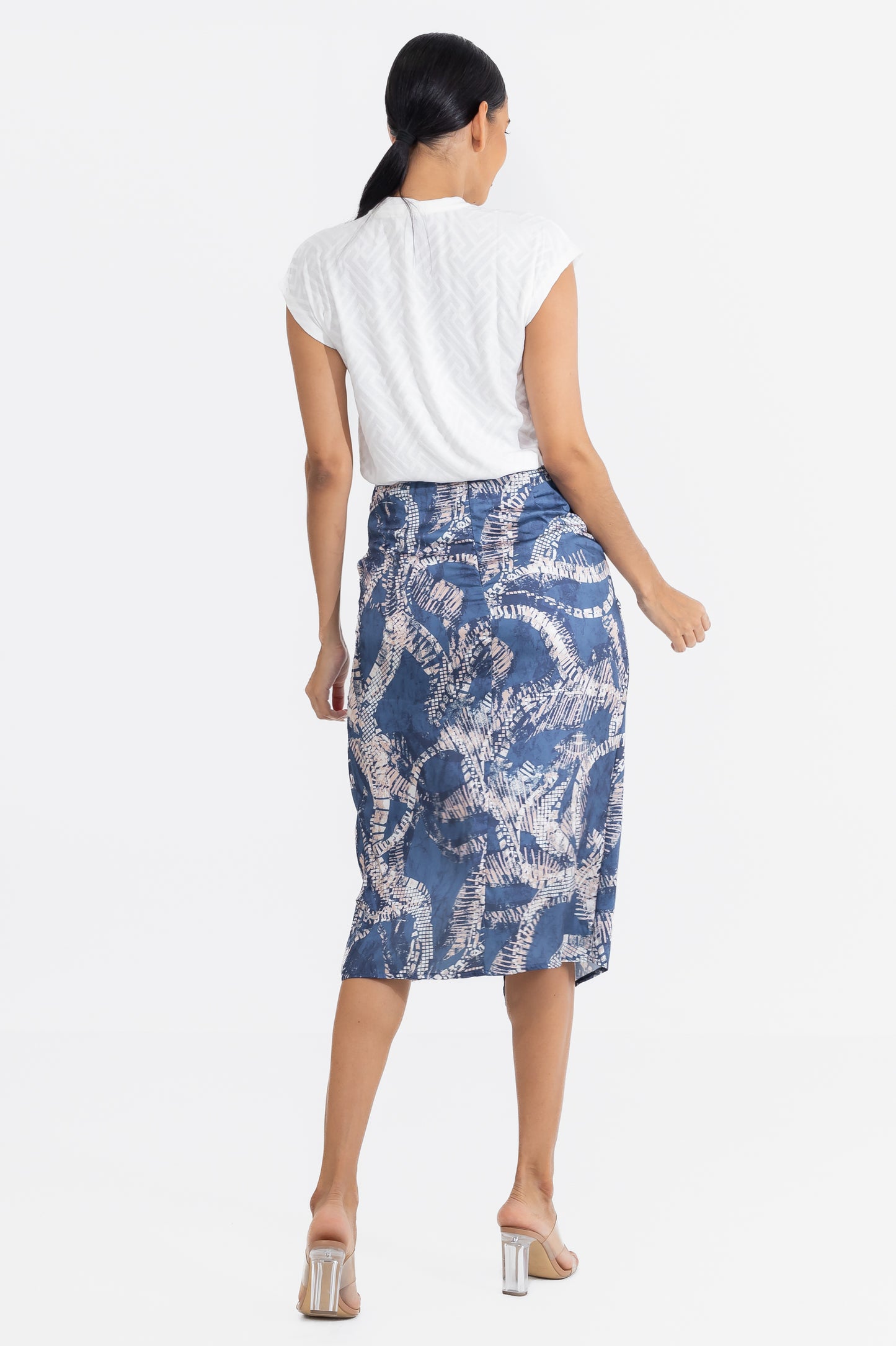 Zabaione Women’s Abstract Print High-Waisted Pencil Skirt with Side Slit - Blue and Beige Midi Skirt