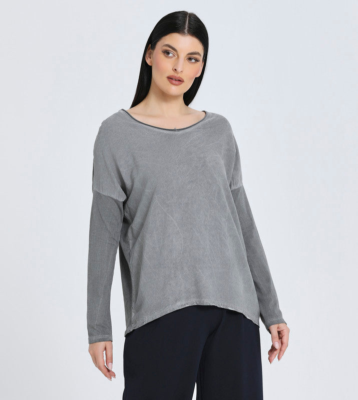 Zabaione Women's Long Sleeve Washed Loose Fit Top - Casual Crew Neck Pullover