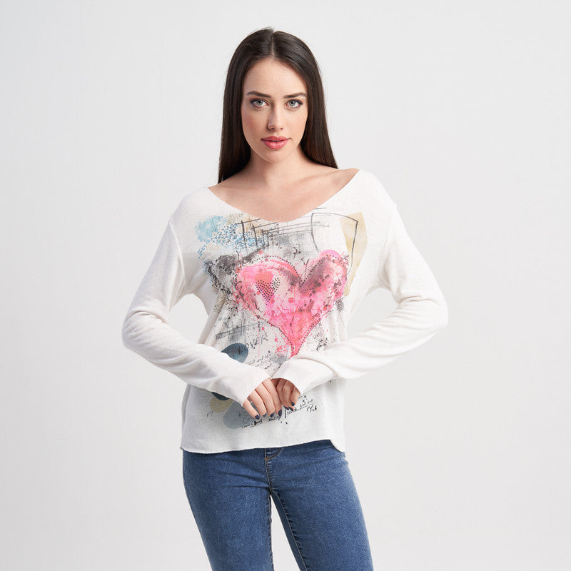 Zabaione Women's Long Sleeve Heart Graphic Top - Off-Shoulder Casual T-Shirt