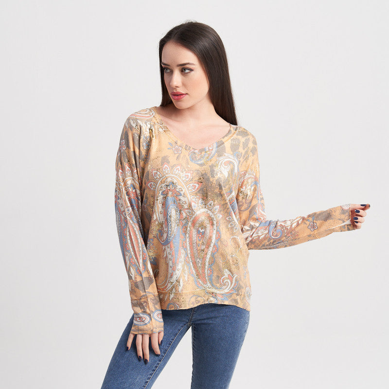 Zabaione Women's Paisley Print Long Sleeve V-Neck Top - Casual Loose Fit Blouse