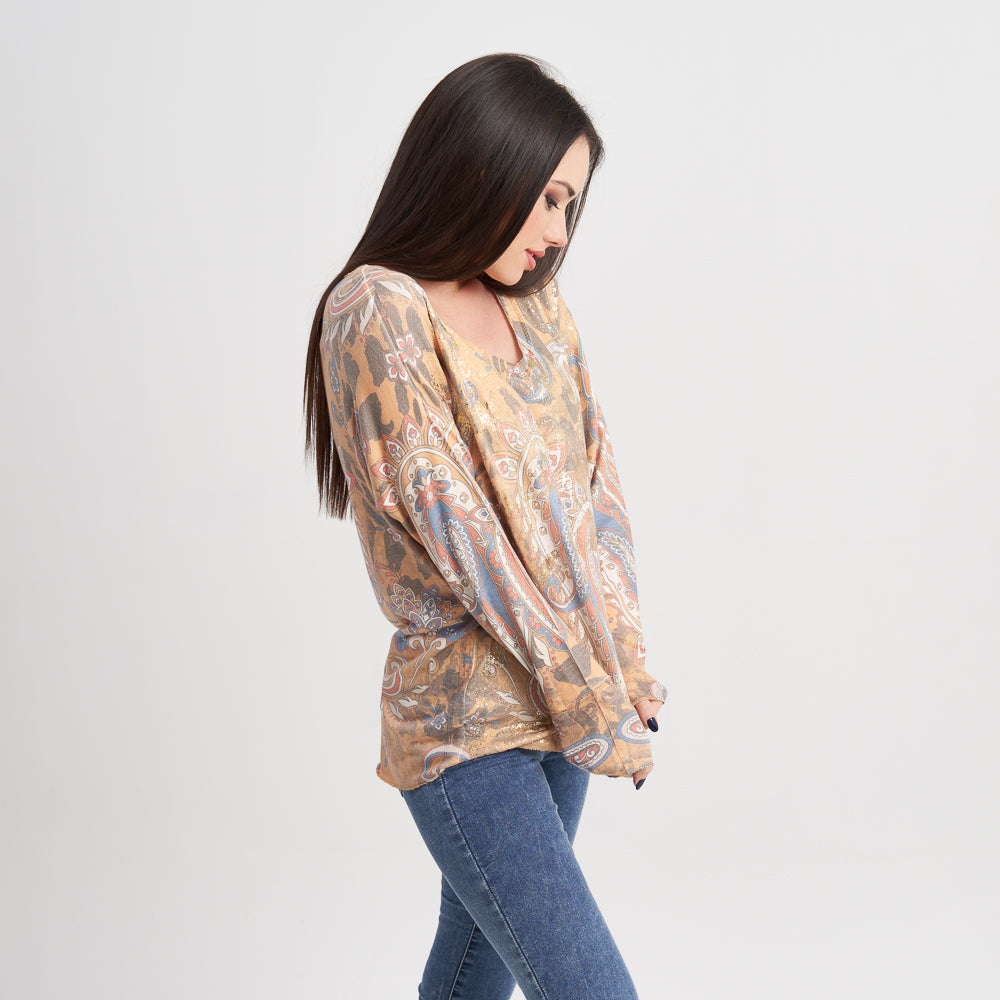 Zabaione Women's Paisley Print Long Sleeve V-Neck Top - Casual Loose Fit Blouse