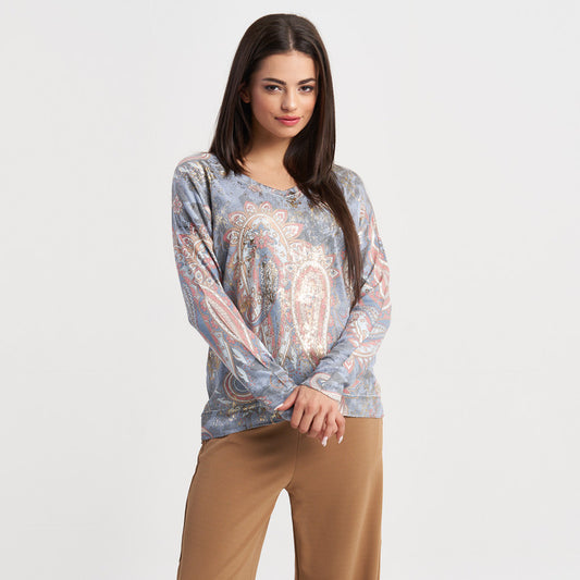 Zabaione Women's Long Sleeve Paisley Print Pullover - Casual Loose Fit Crew Neck Top