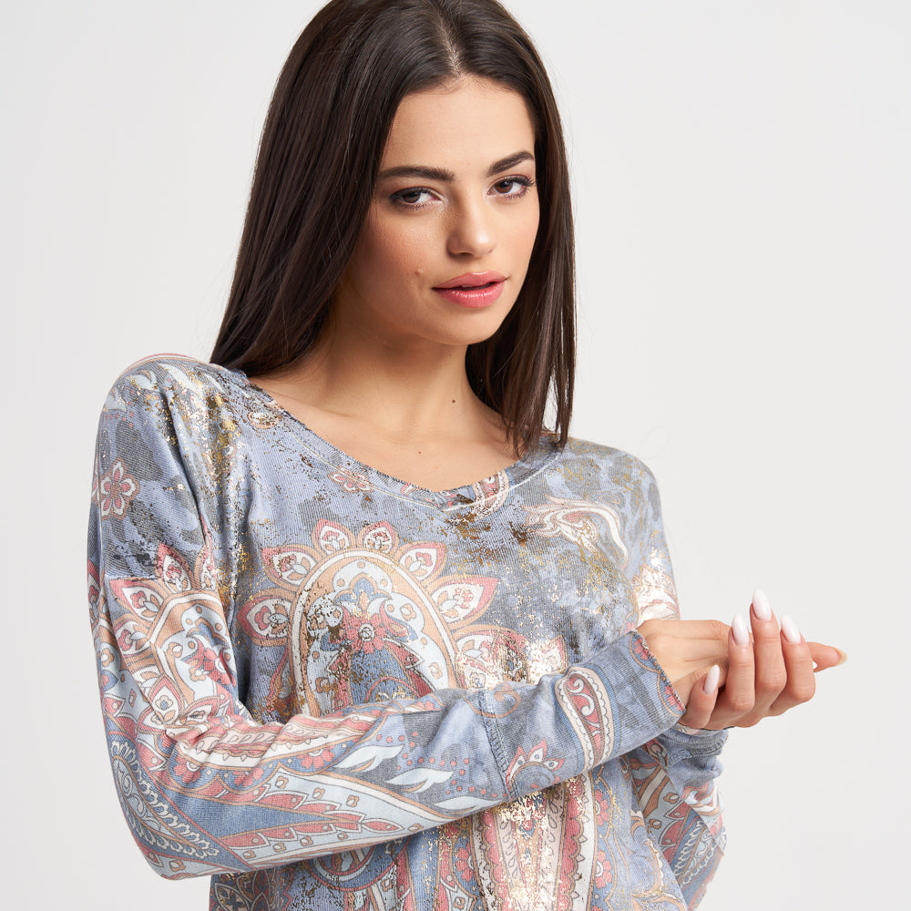 Zabaione Women's Long Sleeve Paisley Print Pullover - Casual Loose Fit Crew Neck Top