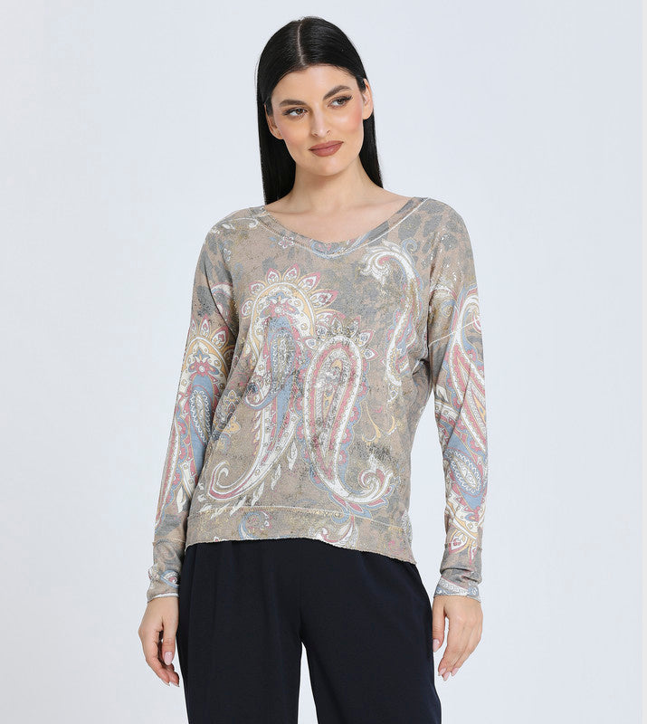 Zabaione Women's Long Sleeve Paisley Print Top - Casual Loose Fit V-Neck Blouse