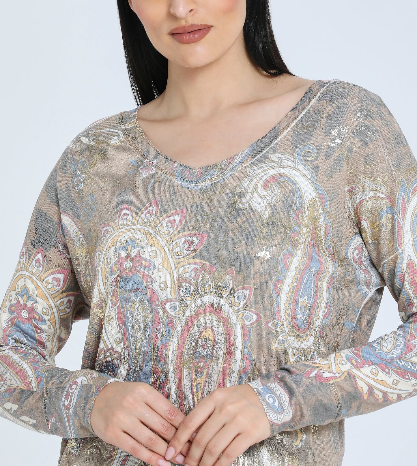 Zabaione Women's Long Sleeve Paisley Print Top - Casual Loose Fit V-Neck Blouse