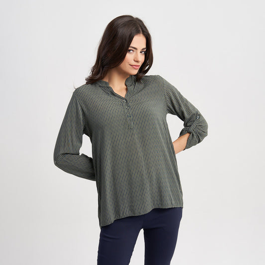 Zabaione Women's Long Sleeve Henley Top - Casual Striped Button-Front Shirt