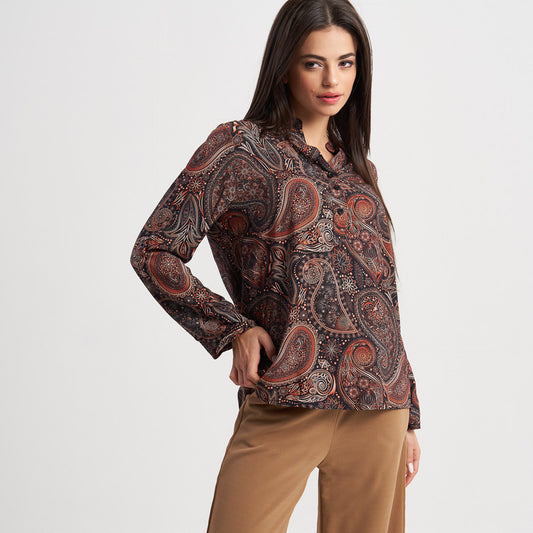 Zabaione Women's Long Sleeve Paisley Print Blouse - Casual Button-Down Shirt