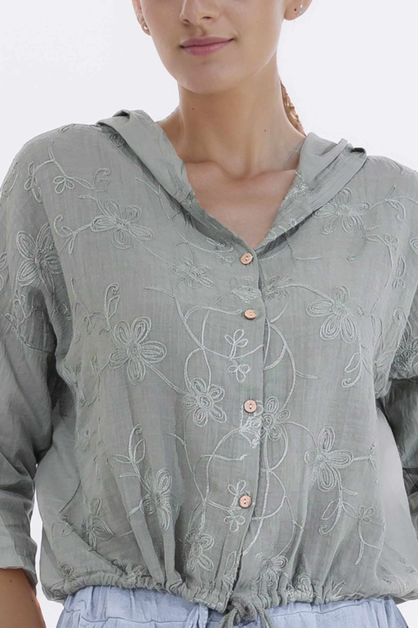 Zabaione Women’s Embroidered Floral Button-Down Hoodie Blouse - Sage Green