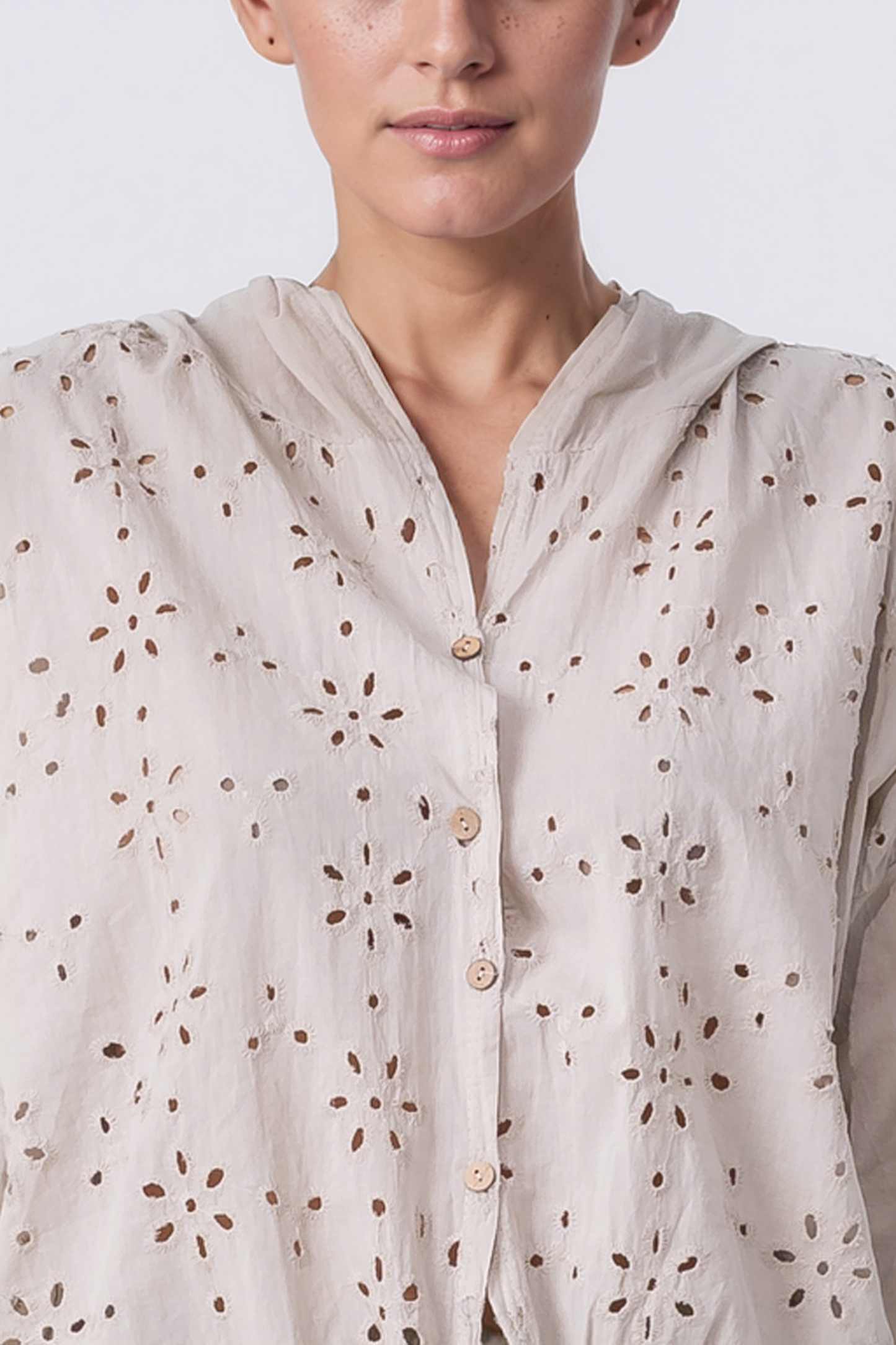 Zabaione Women’s Button-Down Embroidered Eyelet Blouse - Beige