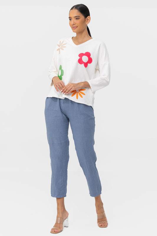 Zabaione Women’s White V-Neck Sweatshirt with Colorful Flower Print - Long Sleeve Casual Pullover