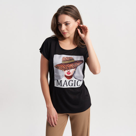 Zabaione Women's Short Sleeve Graphic Tee - "Magic" Printed Casual Crew Neck T-Shirt