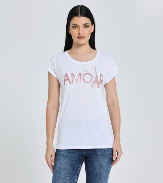 Zabaione Women's Paris Graphic Tee - Short Sleeve Casual T-Shirt with "Mon Amour" Print