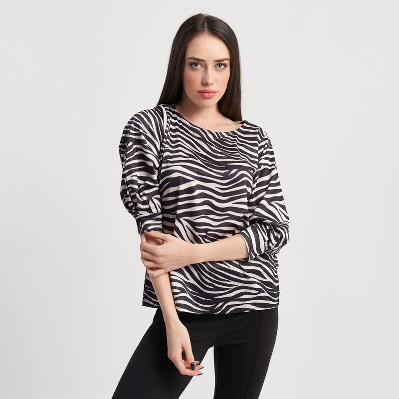 Zabaione Women's Long Sleeve Zebra Print Top - Casual Loose Fit Crew Neck Blouse