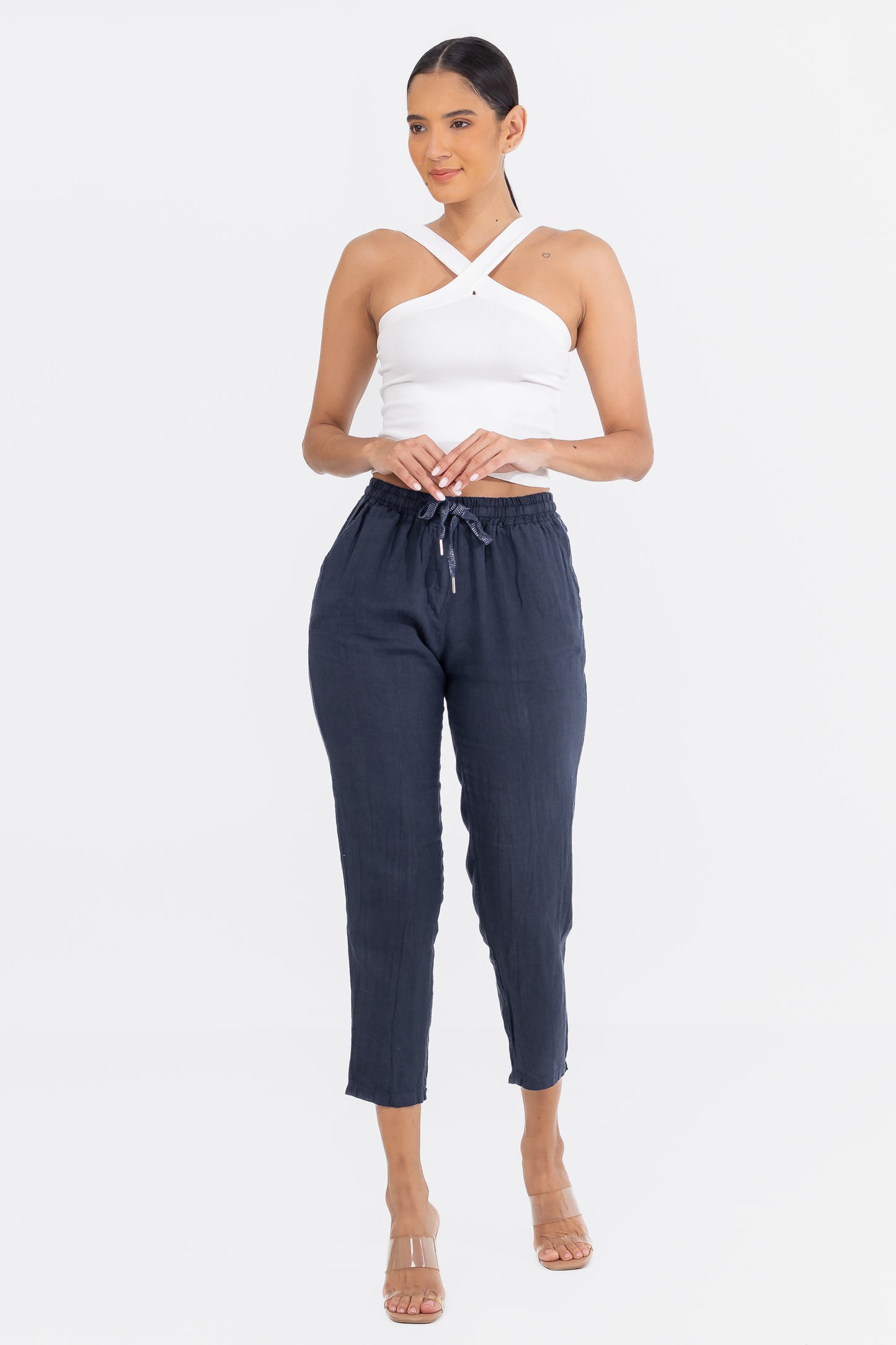 Zabaione Women’s High-Waisted Linen Drawstring Pants - Navy Blue