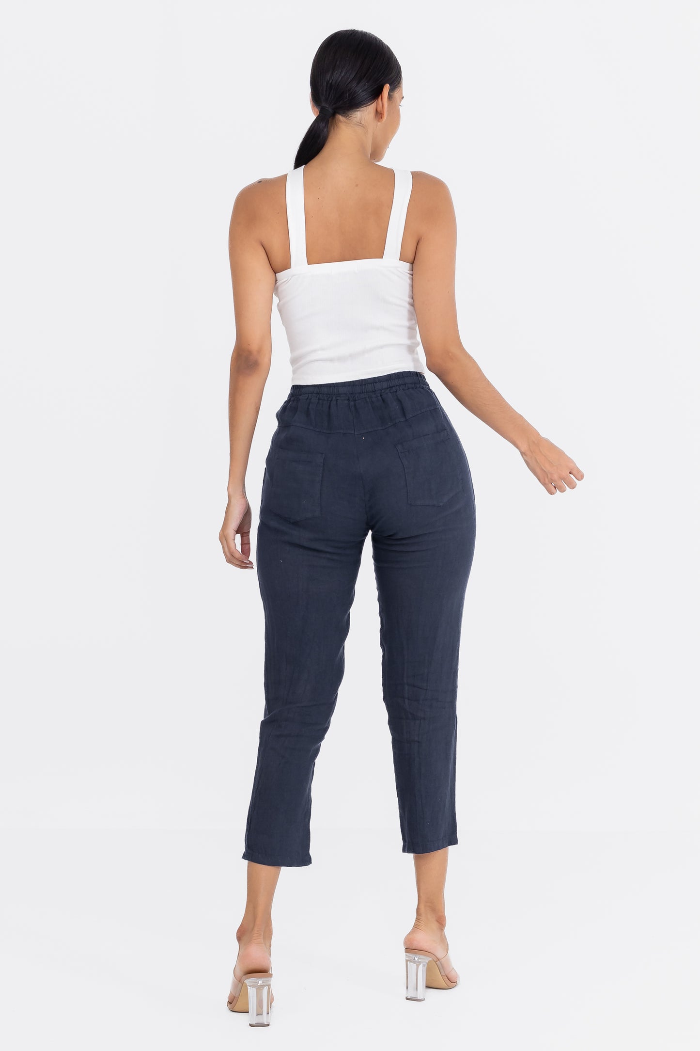 Zabaione Women’s High-Waisted Linen Drawstring Pants - Navy Blue