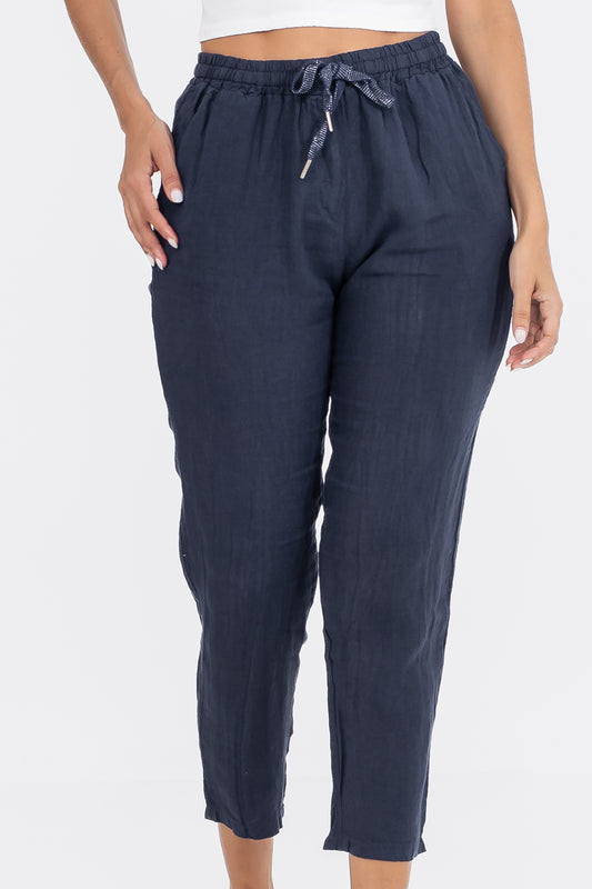 Zabaione Women’s High-Waisted Linen Drawstring Pants - Navy Blue