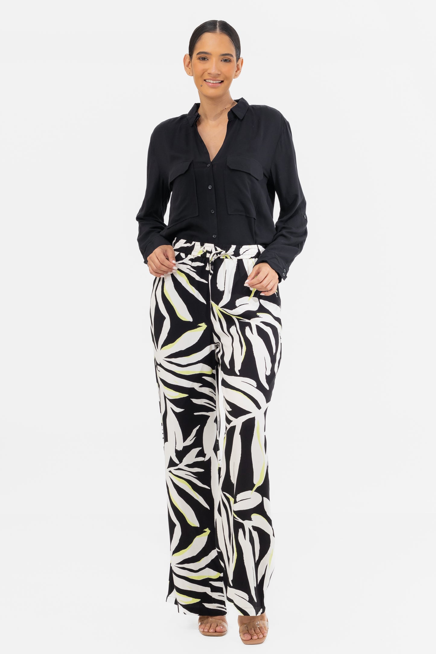 Zabaione Women’s High-Waisted Wide Leg Abstract Print Pants - Black and White