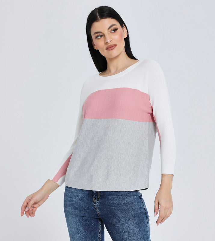 Hailys Women's Color Block Crew Neck Sweater - Long Sleeve Casual Knit Top