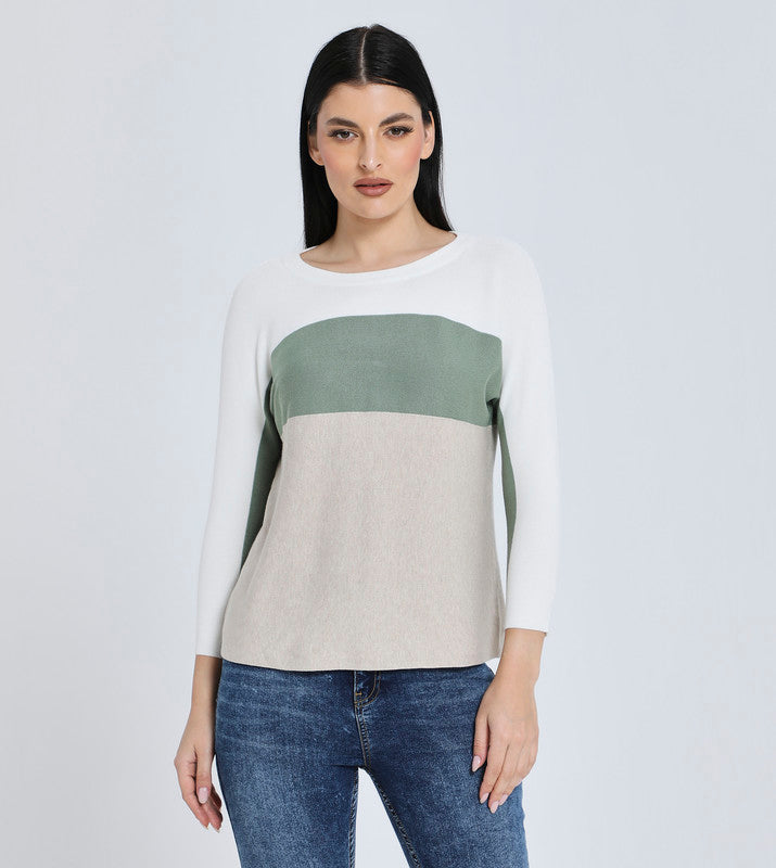 Hailys Women's Color Block Crew Neck Sweater - Long Sleeve Casual Knit Top in Green and Beige