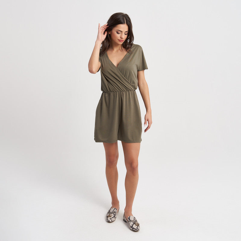 Hailys Women’s Olive Green Wrap V-Neck Short Sleeve Romper - Casual Summer Playsuit