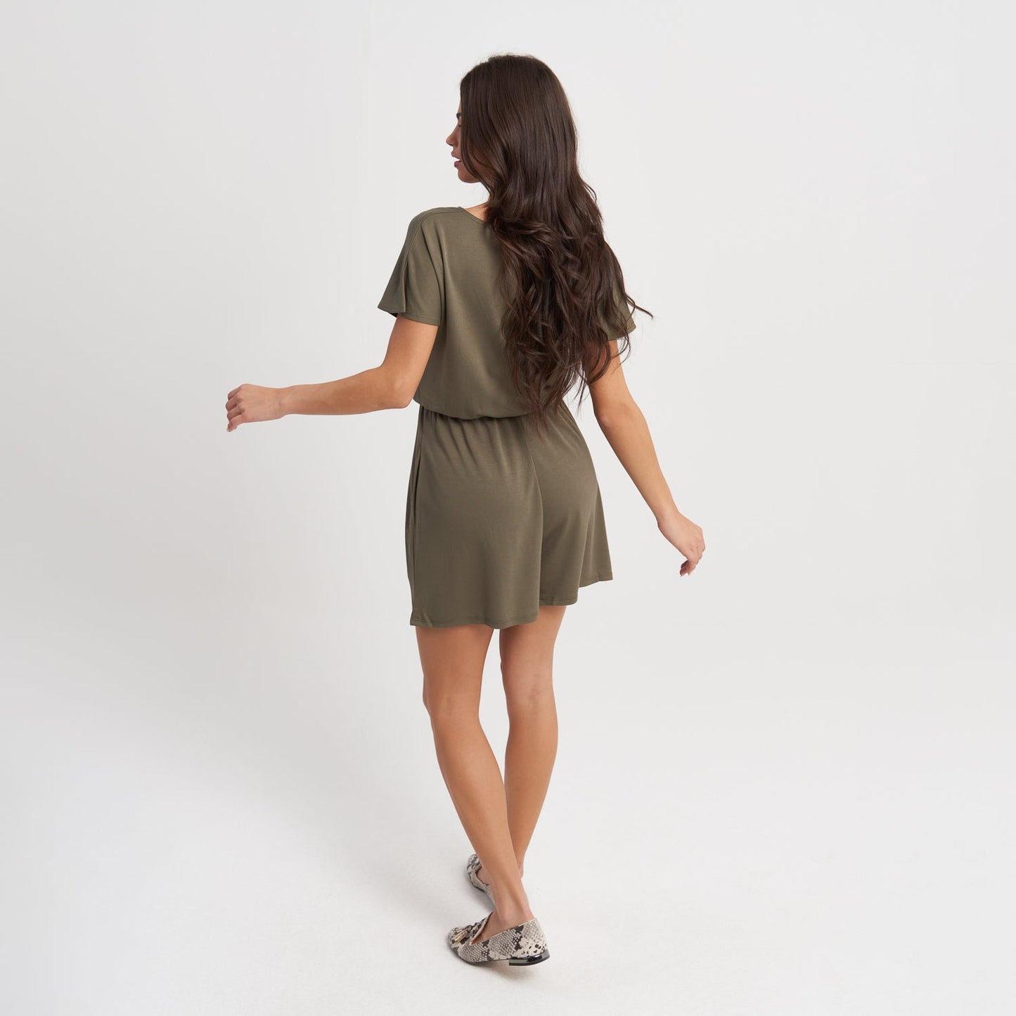 Hailys Women’s Olive Green Wrap V-Neck Short Sleeve Romper - Casual Summer Playsuit