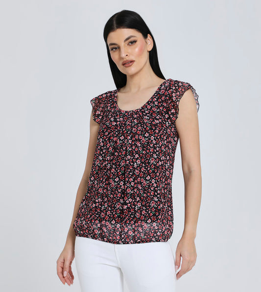 Hailys Women's Floral Sleeveless Blouse – Casual Ruffle Detail Top