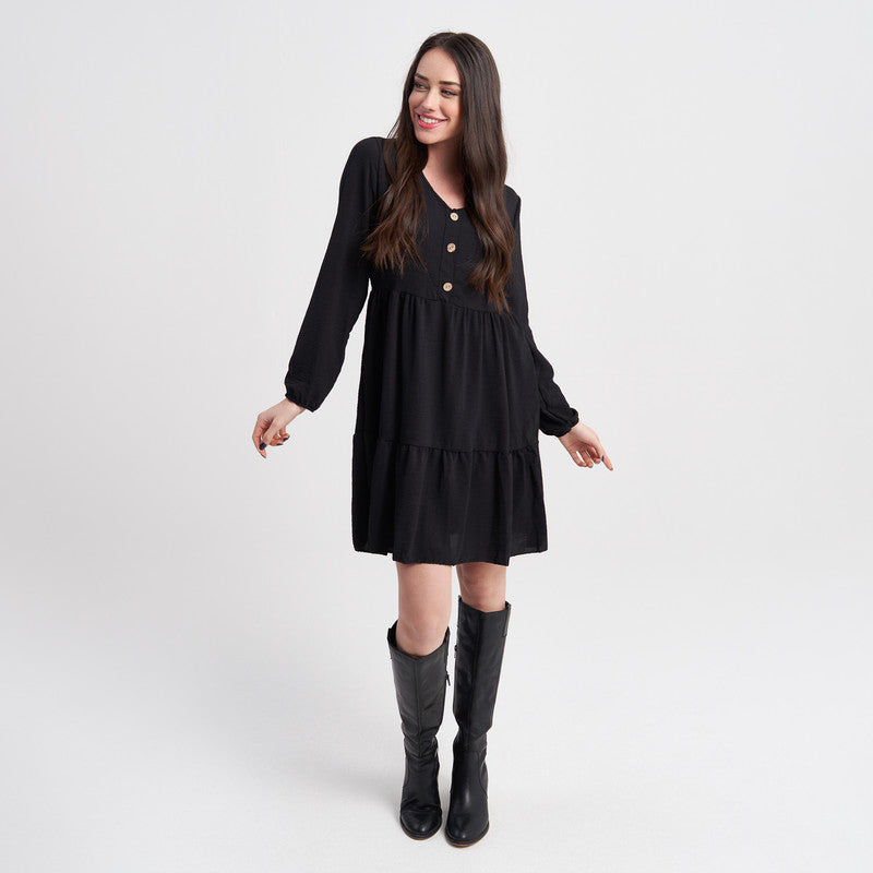 Hailys Women's Black Long Sleeve Button-Front Tiered Dress